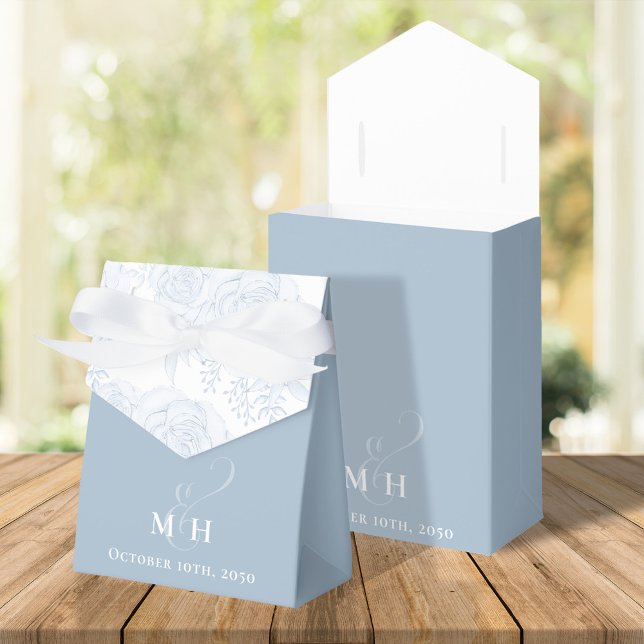 Hochzeitblumen Dusty Blue Botanical Monogram Geschenkschachtel (Elegant wedding favor box with ribbon and calligraphy script monogram ampersand. )