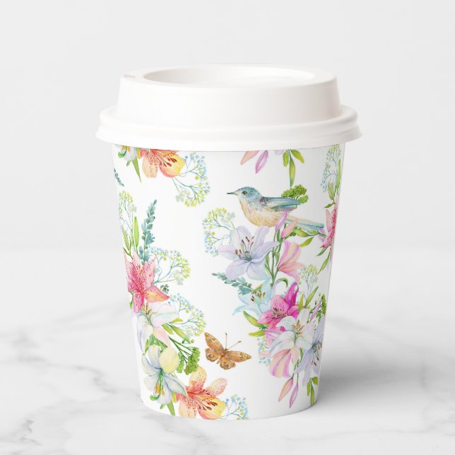 Hochzeitblumen Lilien und Vögel Wasserfarbe Pappbecher (Rückseite)