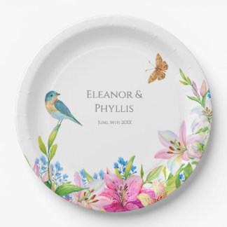 Hochzeitblumen Lilien und Vögel Wasserfarbe Pappteller