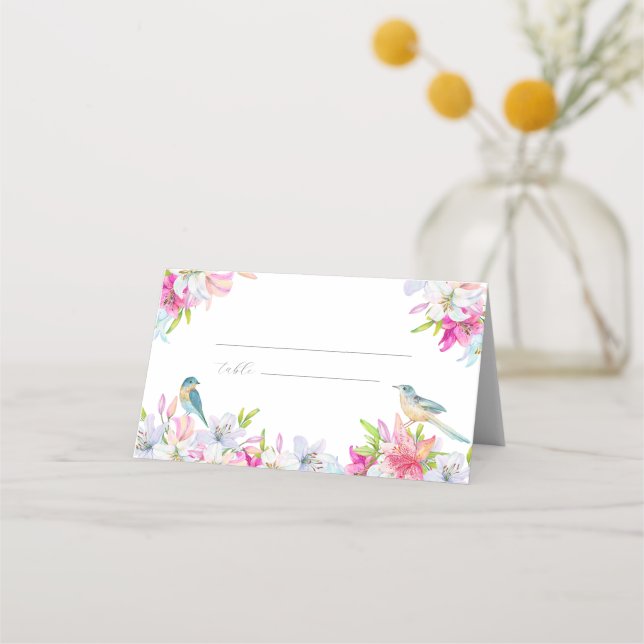 Hochzeitblumen Lilien und Vögel Wasserfarbe Platzkarte (Vorderseite)