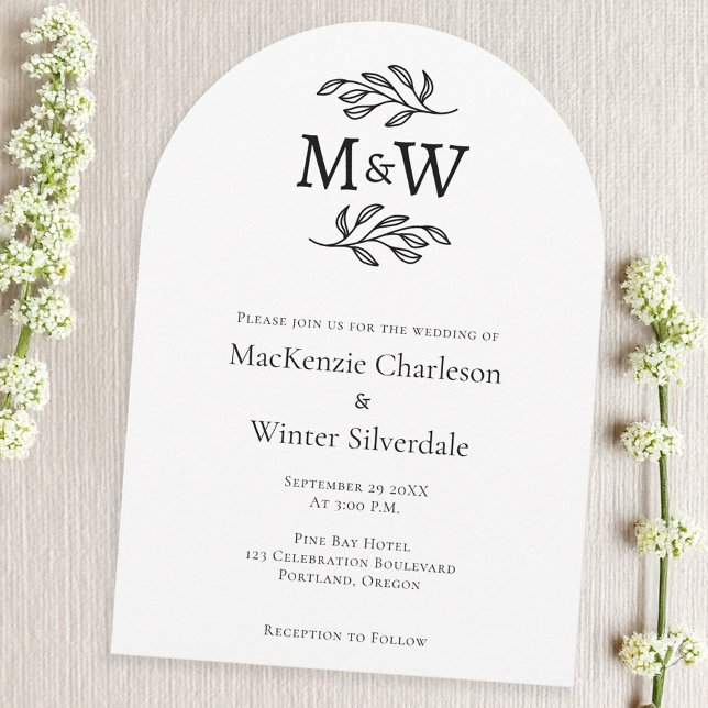 Hochzeitcouple Simple Monogram Initials Minimalist Einladung (Modern arch wedding invitation with couple monogram initials and botanical leaf sprig line art)