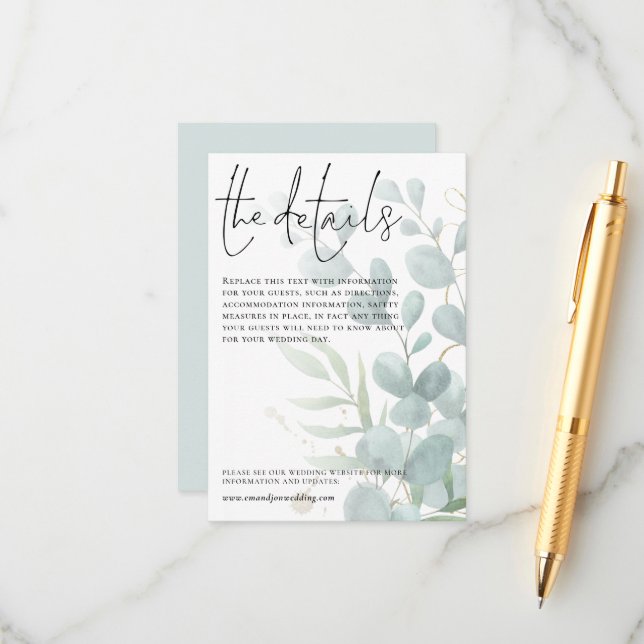 Hochzeitdetails Blaues Eukalyptus-Skript Begleitkarte (Vorderseite/Rückseite Beispiel)