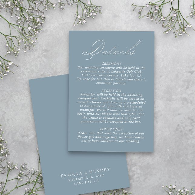 Hochzeitdetails Kalligrafie Script Dusty Blue Begleitkarte (Dusty Blue Details Card  from my Wedding Colors Collection)