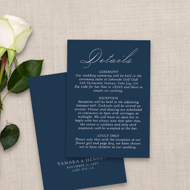 Hochzeitdetails Kalligrafie Script Navy Blue Begleitkarte (Elegant navy blue wedding details card from my Wedding Colors collection)