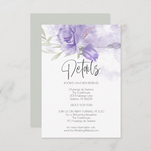 Hochzeitdetails Lilac Lila Aquarellfarben-Rose Einladung (Vorne/Hinten)