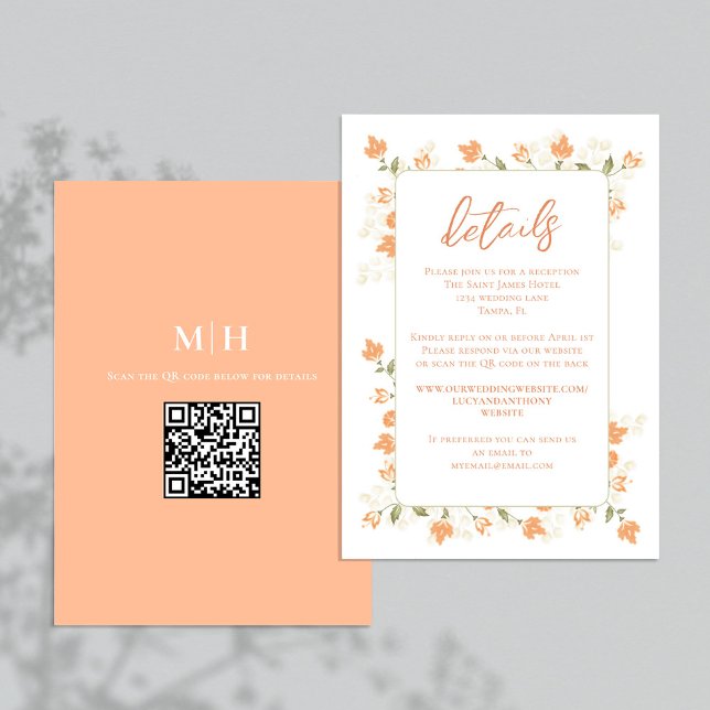 Hochzeitdetails QR Code UAWG Peach Floral Begleitkarte (Elegant peach foliage foliage wedding details card with a QR Code. )