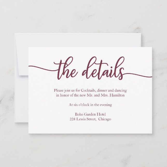 Hochzeitdetails RSVP Card Burgundy Calligrafy (Vorderseite)