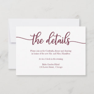 Hochzeitdetails RSVP Card Burgundy Calligrafy Karte
