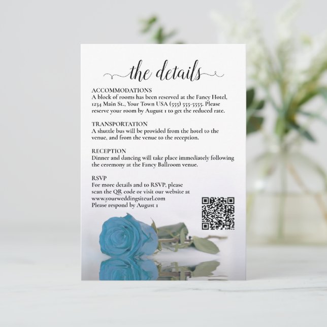 Hochzeitdetails Türkisblau Rose QR Code Encl Begleitkarte (Stehend Vorderseite)