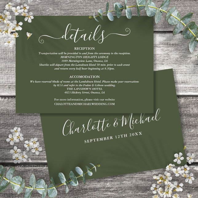 Hochzeitdetails Unterschrift Skript Olive Green Begleitkarte (Wedding Details Signature Script Olive Green Enclosure Card)