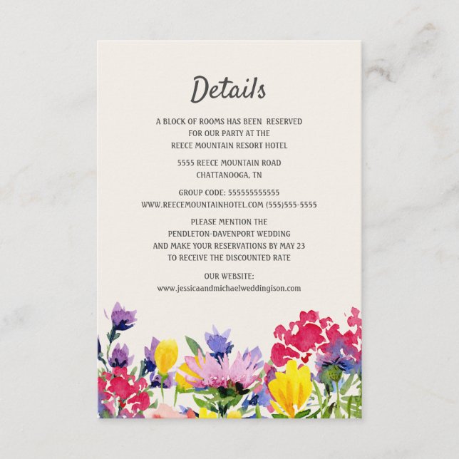 Hochzeitdetails Wasserfarben Wildblumen Boho Flora Begleitkarte (Vorderseite)