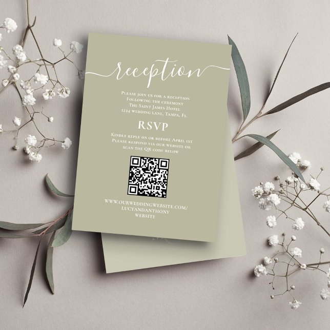 Hochzeitempfang QR Code UAWG Sage Green Begleitkarte (Simple sage green reception and RSVP card with QR Code. )