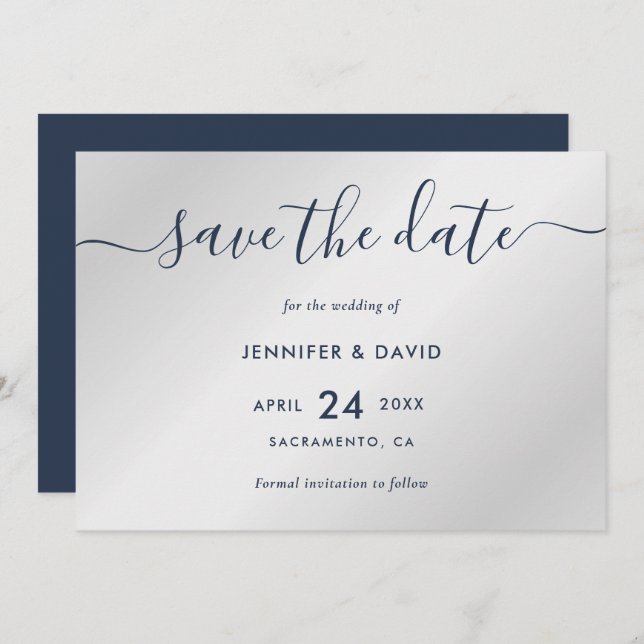 Hochzeiten in Navy und Silver Modern Save The Date (Vorne/Hinten)