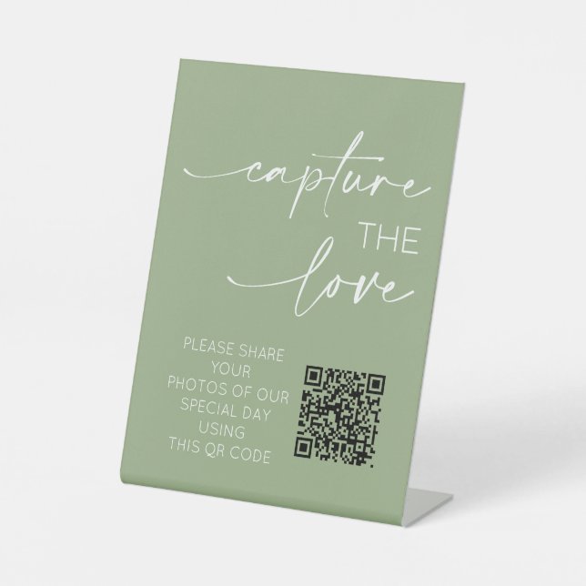 Hochzeiten QR Code Foto App Upload Sage Green Sockelschild (Vorderseite)