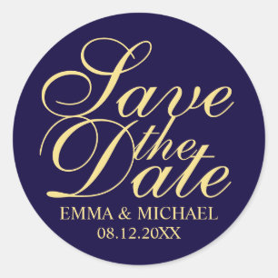 Hochzeiten Save the Date in Navy Blue und Gold Runder Aufkleber