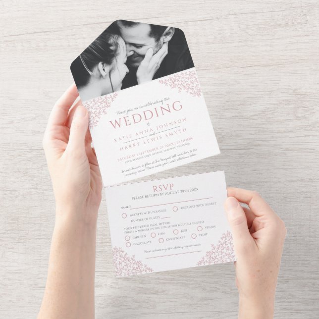 Hochzeiten staubige rosa Blätter Foto UAWG All In One Einladung (Abreißen)