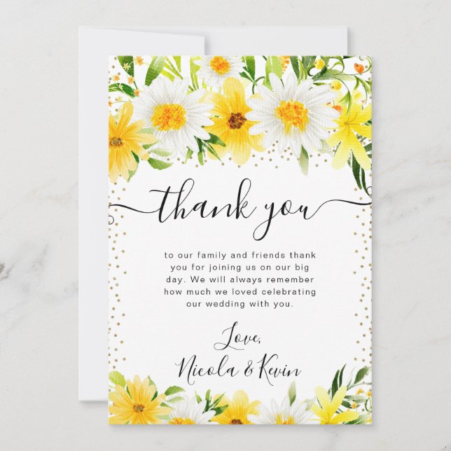 Hochzeiten von Aquarellsäcken und gelben Blumen Dankeskarte (Vorderseite)