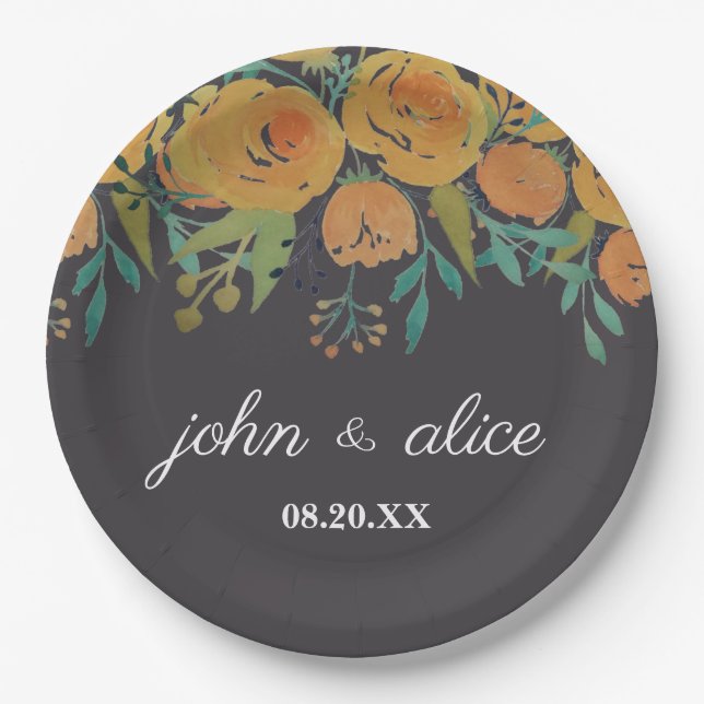 Hochzeiten von Gelben und Braunen Peonies und Rose Pappteller (Vorderseite)