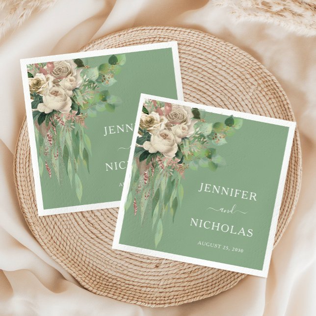 Hochzeiten von grünen Blütenzwiebeln Serviette (Modern Green Floral Peonies Wedding Napkins)