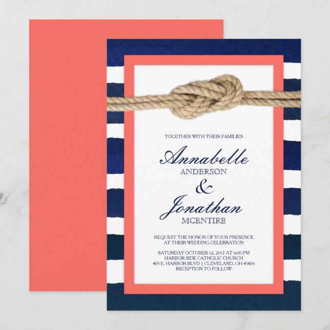 Hochzeiten von Nautical Knot Coral & Navy Stripes Einladung (Vorne/Hinten)