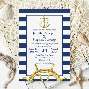 Hochzeiten von nautischem Gold und Navy Blue Strip Einladung