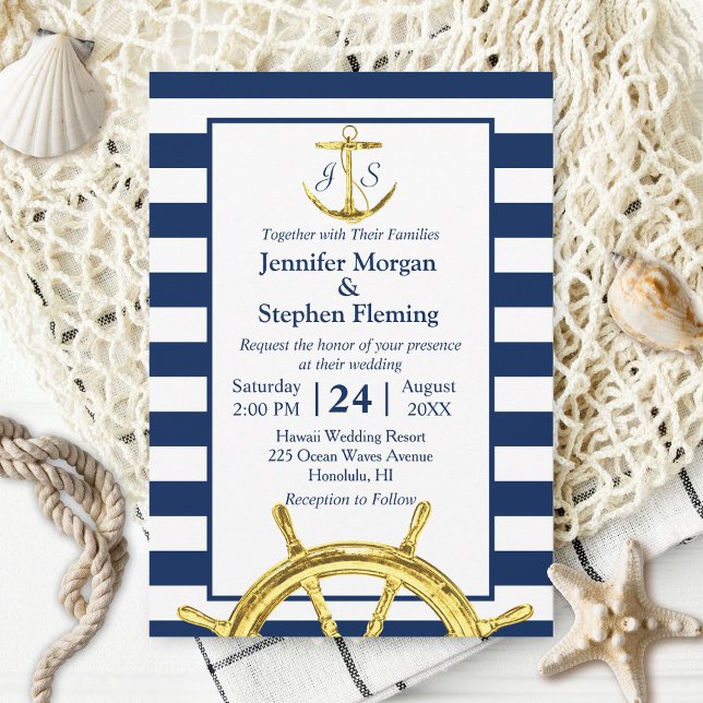 Hochzeiten von nautischem Gold und Navy Blue Strip Einladung (Von Creator hochgeladen)