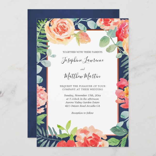 Hochzeiten von Navy Blue Elegant Floral Blooms Einladung (Vorne/Hinten)