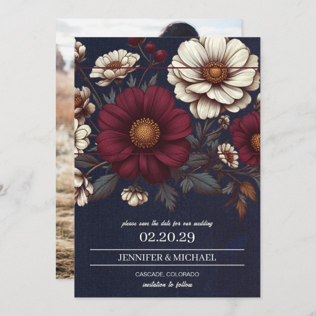 Hochzeiten von Navy Blue und Burgund Save The Date (Vorne/Hinten)