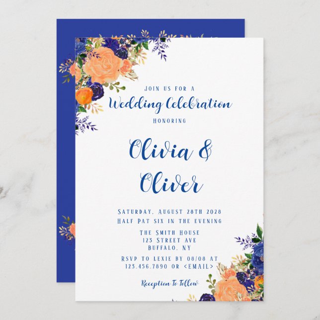 Hochzeiten von Navy Blue und Orange Botanical Flor Einladung (Vorne/Hinten)