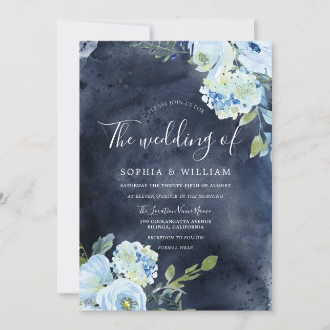 Hochzeiten von Navy & Sky Blue Watercolor-Blume Einladung (Vorderseite)