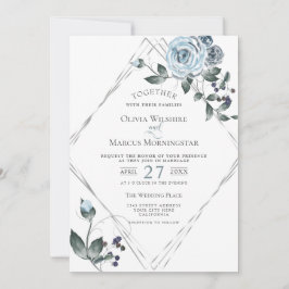 Hochzeitfarbener, blauer, floraler Silberrahmen Einladung