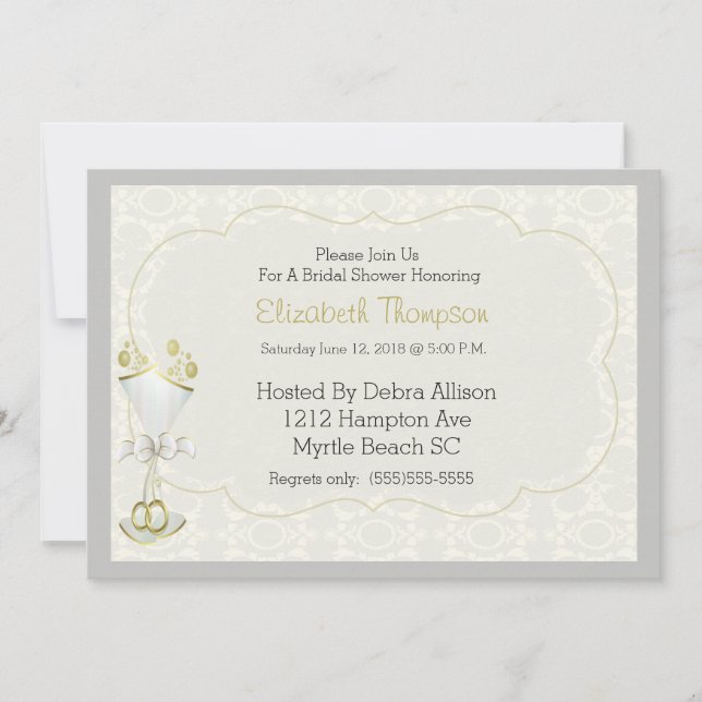 Hochzeitglas Bubbly Damask Brautparty laden Einladung (Vorderseite)