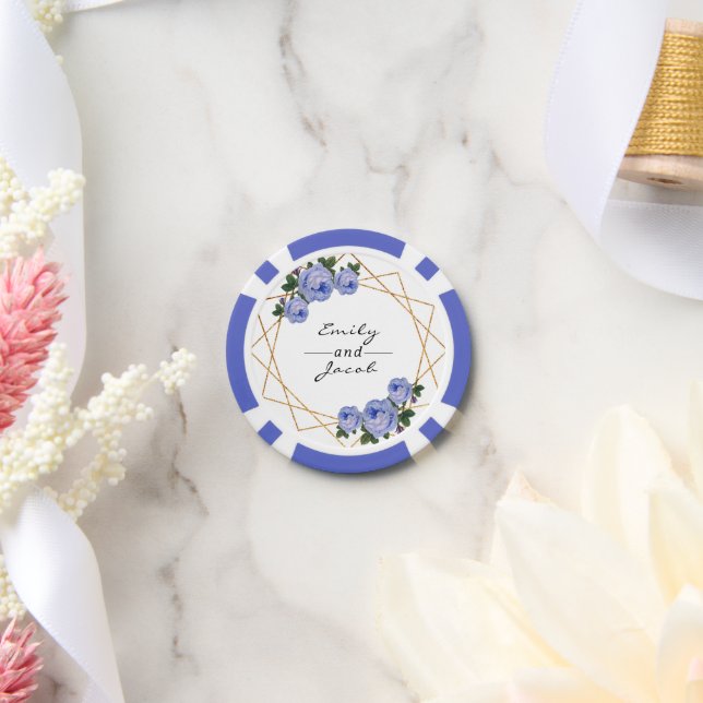 HochzeitGold Glitzer Geo Blue Floral Name Datum Pokerchips (Hochzeit)