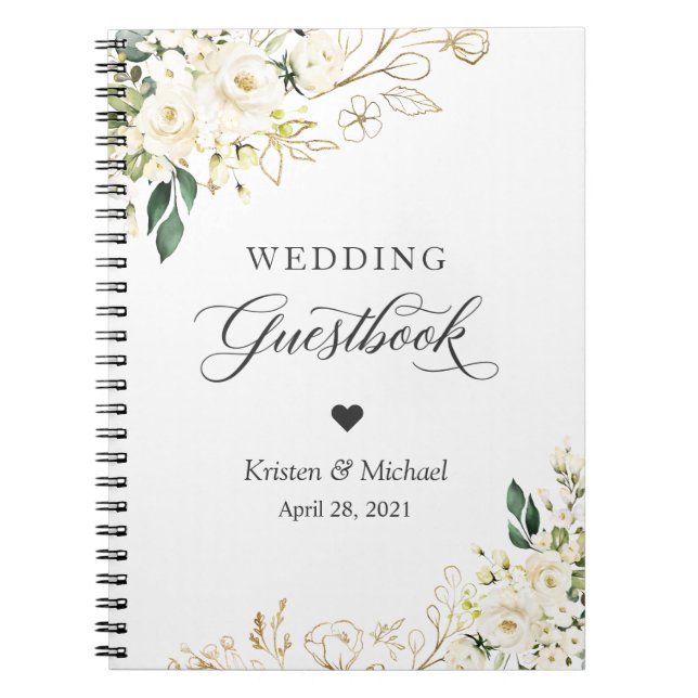Hochzeitguestbook-Grün-weißes Rosen-Gold mit Notizblock (Vorderseite)
