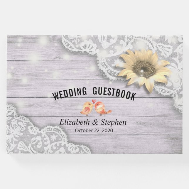 Hochzeitguestbook Lace Sunflower Wood String Light Gästebuch (Vorderseite)