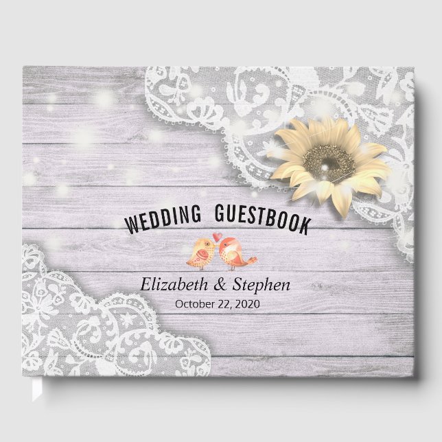 Hochzeitguestbook Lace Sunflower Wood String Light Gästebuch (Vorderseite)