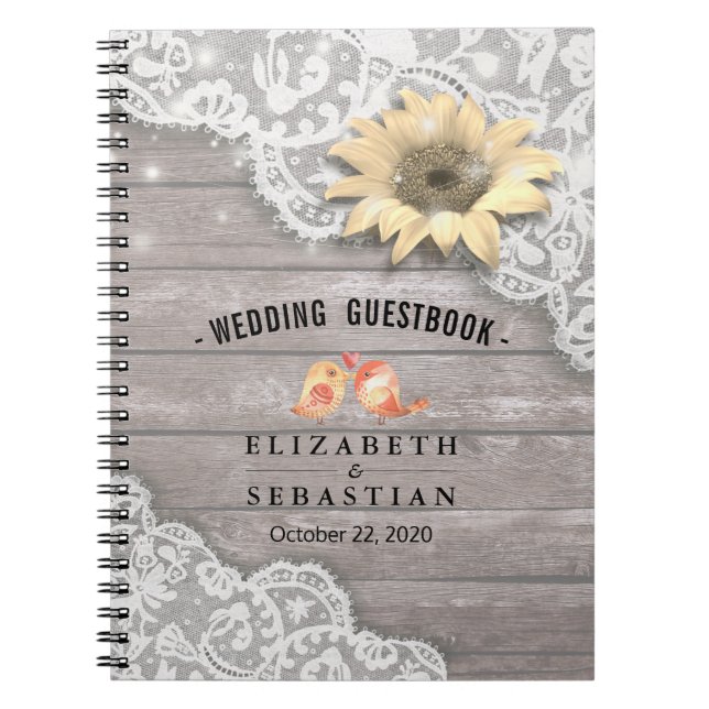 Hochzeitguestbook Lace Sunflower Wood String Light Notizblock (Vorderseite)