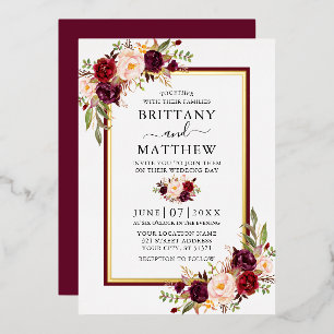 Hochzeitliche Aquarellblume Burgund und Gold Folieneinladung