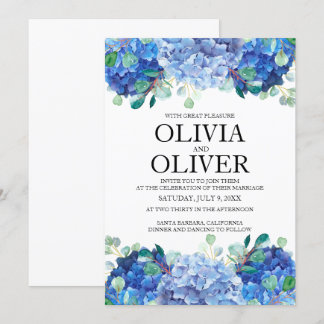 Hochzeitliche Einladung blaues Hydrangea-Eukalyptu