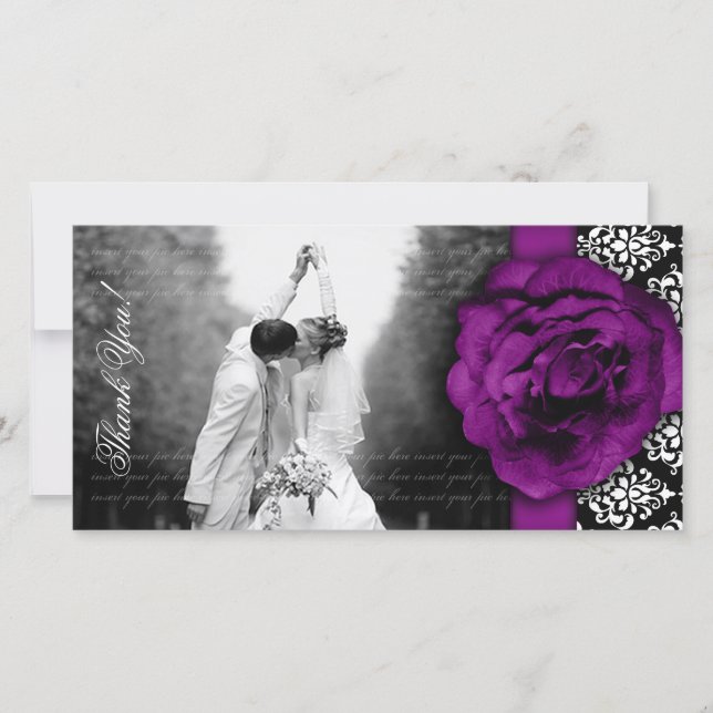 Hochzeitliche Fotokarte Lila Rose Damask Schwarz-w Dankeskarte (Vorderseite)
