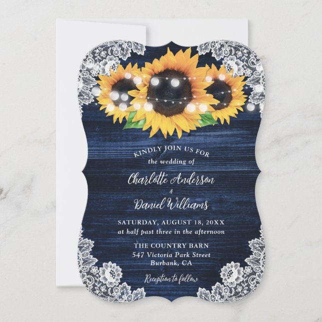 Hochzeitliche Hochzeit von Navy Blue Sunflower Woo Einladung (Vorderseite)