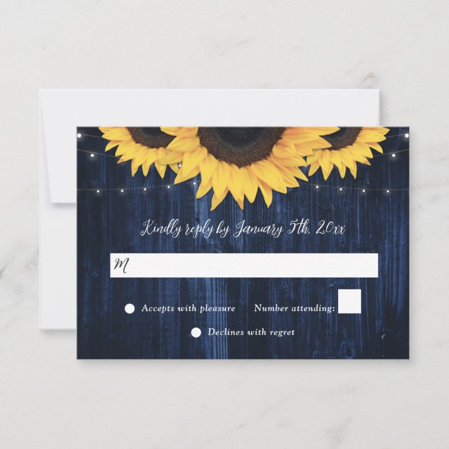 Hochzeitliche Hochzeit von Navy Blue Sunflower Woo RSVP Karte (Vorderseite)
