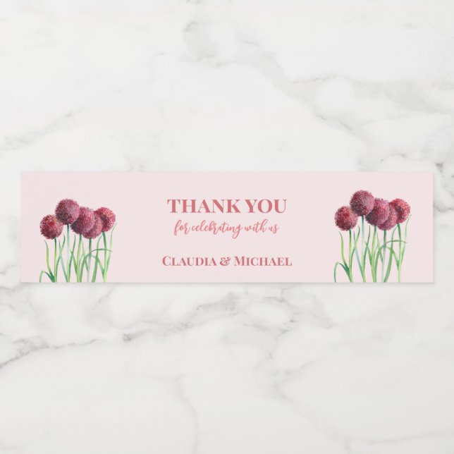 Hochzeitliche Lila Rosa Alliums Blume Watercolor Wasserflaschenetikett (Einzelnes Label)