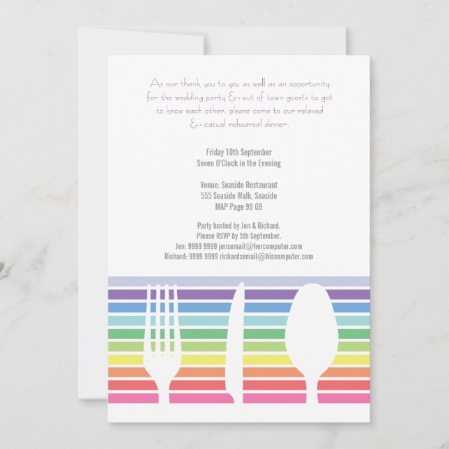 Hochzeitliche Probe Abendessen Rainbow Cutlery Einladung (Vorderseite)