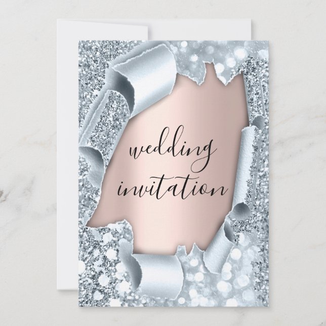 Hochzeitliche Rose 3D-Effekt Blush Glitte Blue Einladung (Vorderseite)