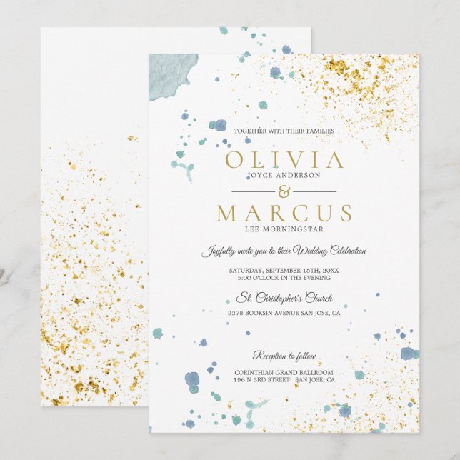 Hochzeitliche Spritzer mit blauen und goldenen Was Einladung (Vorne/Hinten)