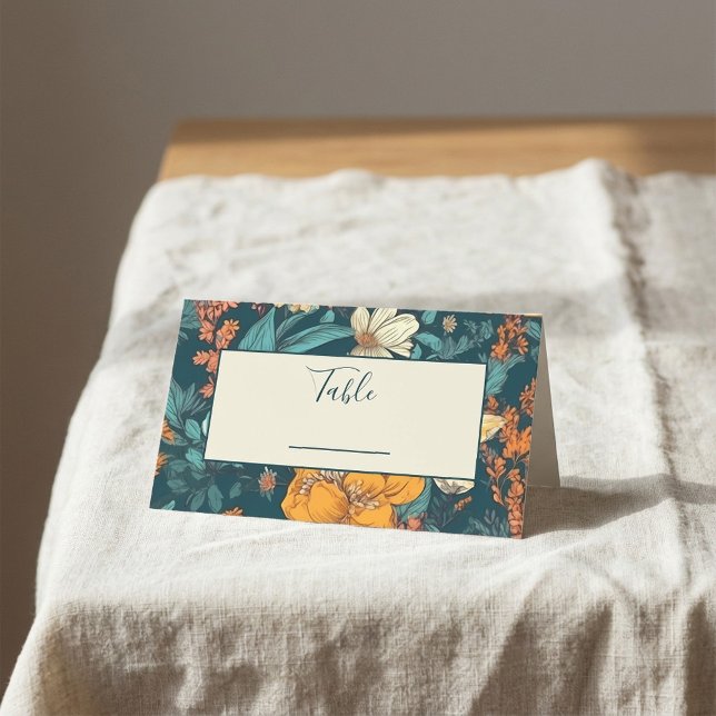 Hochzeitliche Tischnummer mit Blauen und Gelben Bl Platzkarte (Blue and yellow flowers wedding table number place card.)