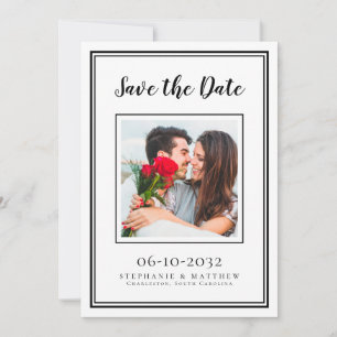 Hochzeitliche Verlobung Couple Foto Modernes Weiß Save The Date