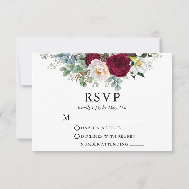 Hochzeitliche Wasserfarbe Blumengrün Burgund RSVP Karte (Vorderseite)