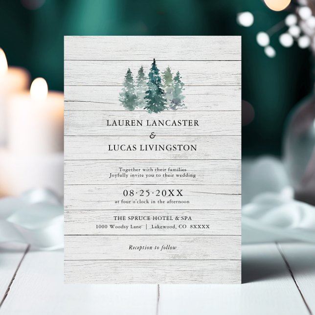 Hochzeitliche Wasserfarbe Holz Rustikale Pinienbäu Einladung (Wedding Watercolor Wood Rustic Pine Trees Green Invitation)